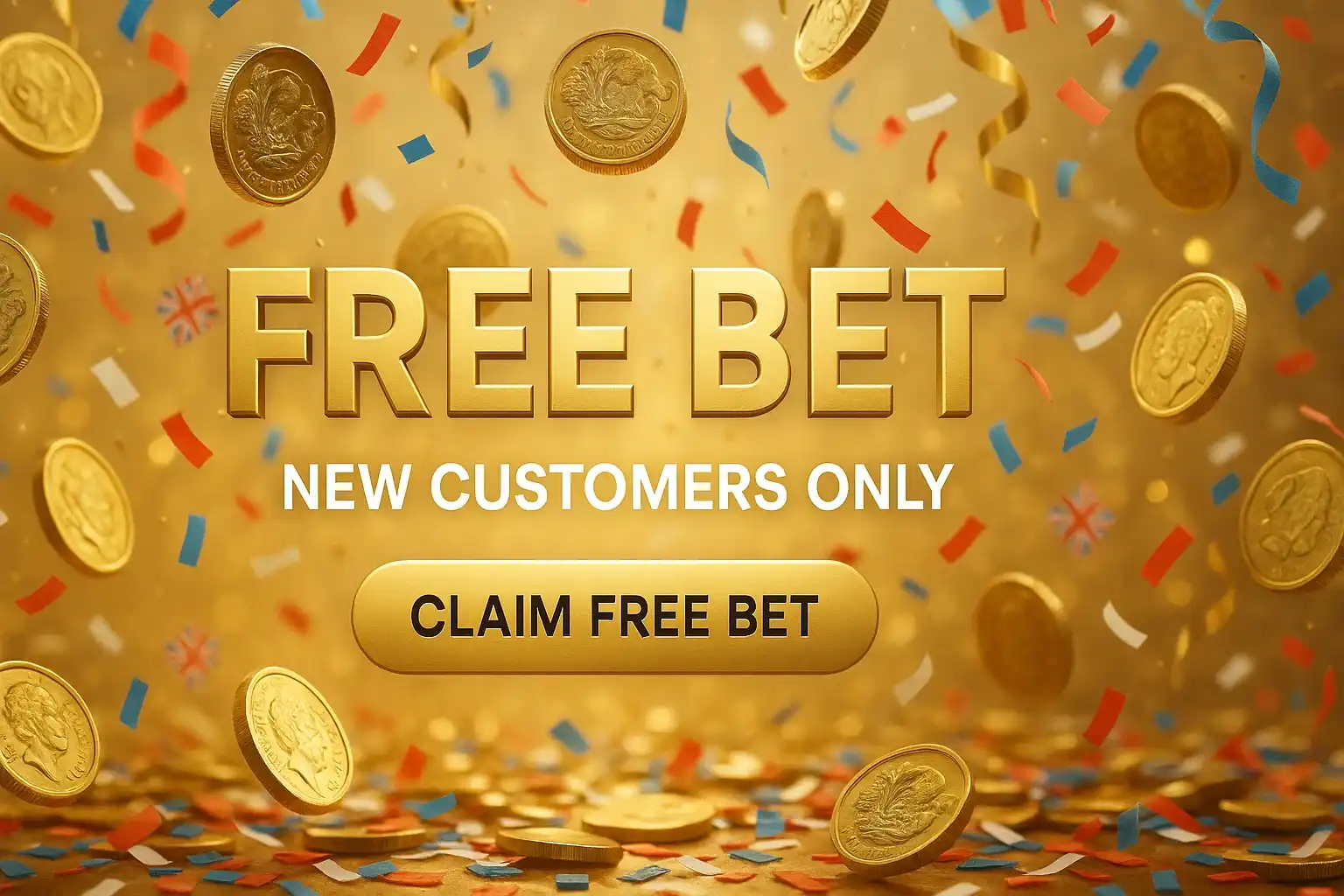 Photorealistic free bet banner with gold pound coins and Union Jack confetti