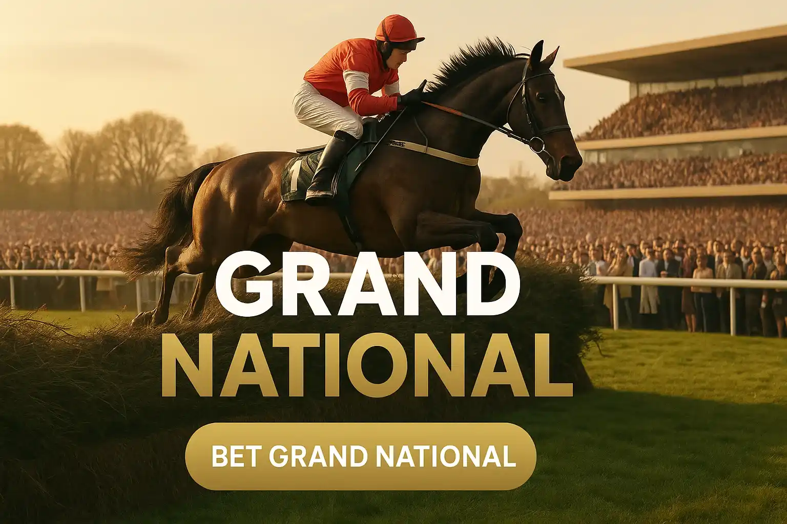 Photorealistic Aintree Grand National final fence jump with crowd and text overlay
