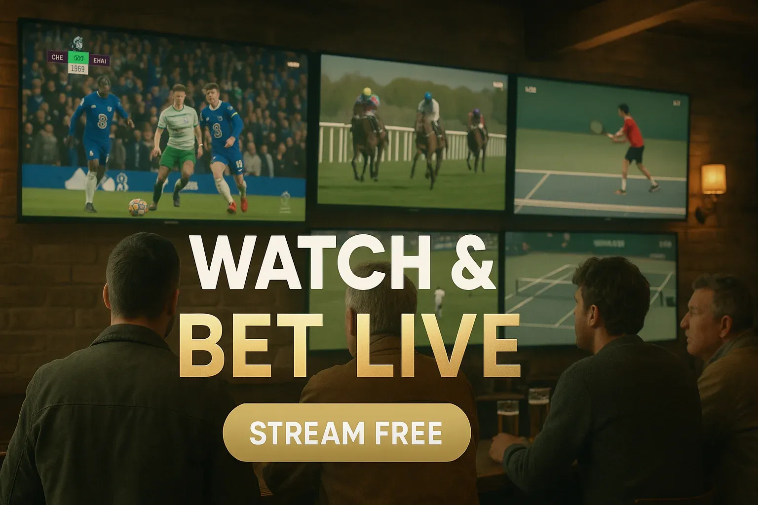 Wide banner of UK sports bar screens with live betting CTA