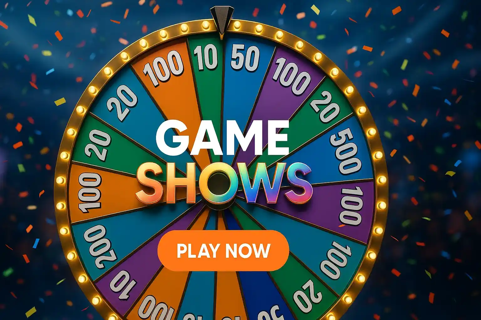 Photorealistic live casino banner with spinning game show wheel and confetti