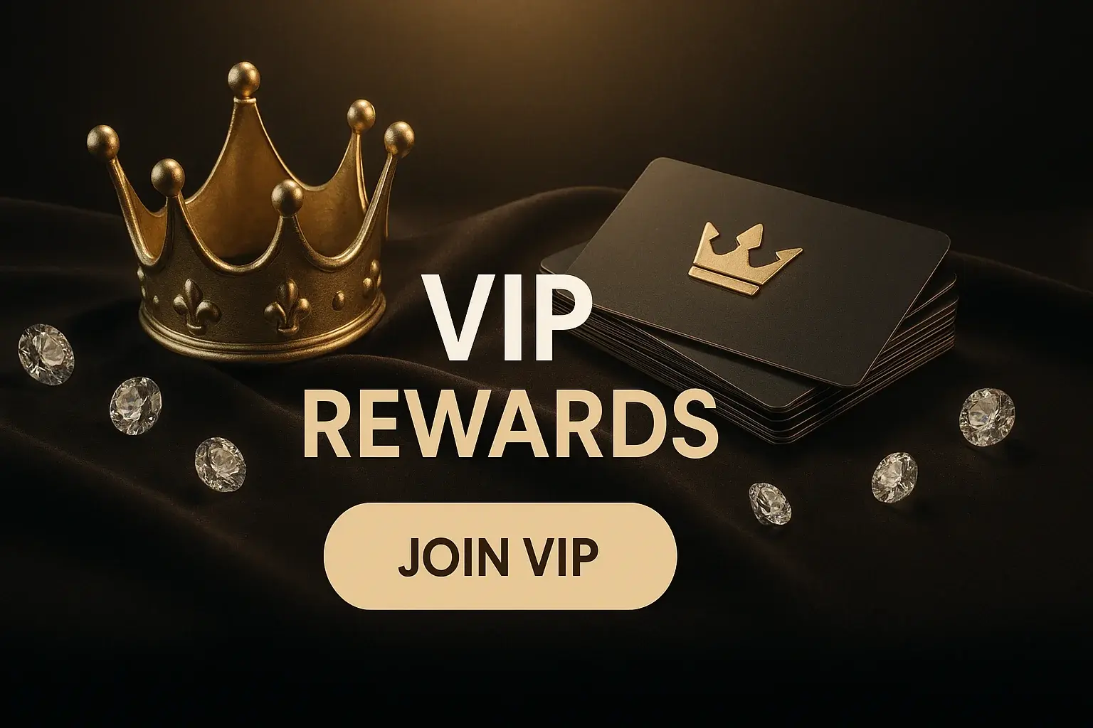 Photorealistic VIP rewards banner with golden crown, loyalty cards and CTA button