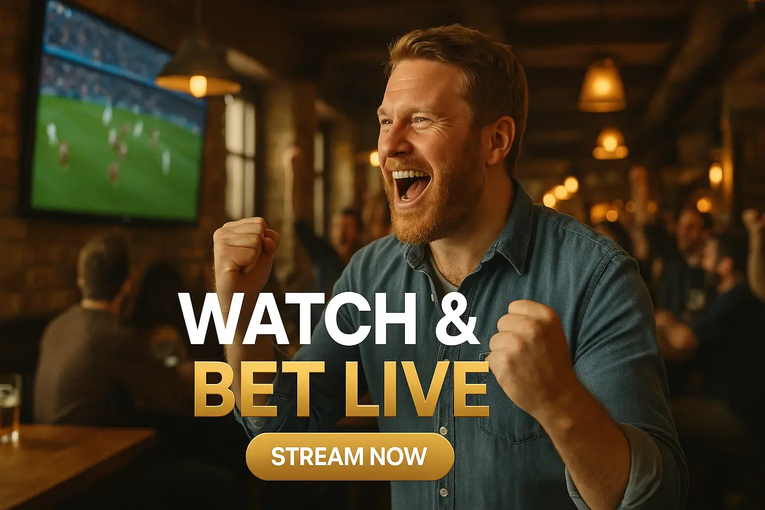 British football fan celebrating in sports pub with live betting banner